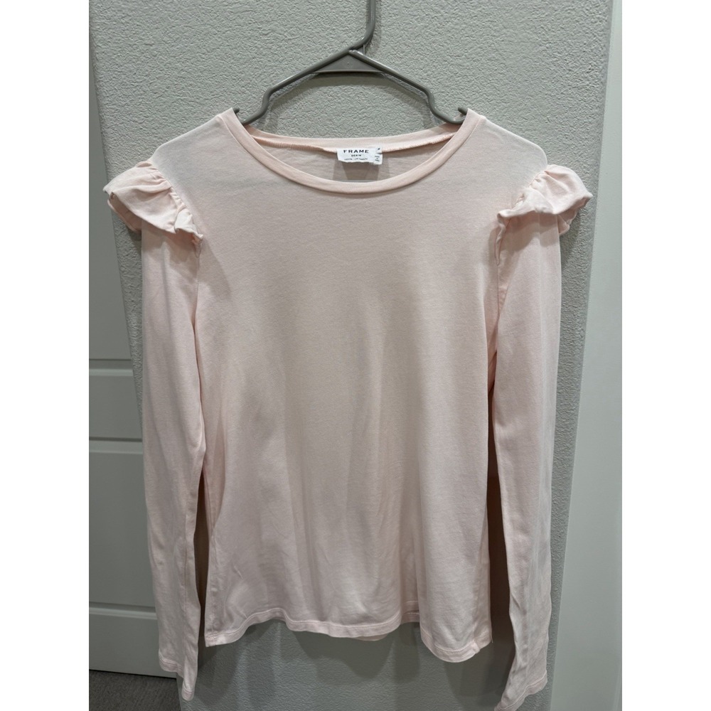 FRAME Denim Light Pink Ruffle-Shoulder Long Sleeve T-shirt M Made in Peru